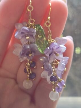 Gold-Tone Lavender Flower Cluster Earrings with Green Accent